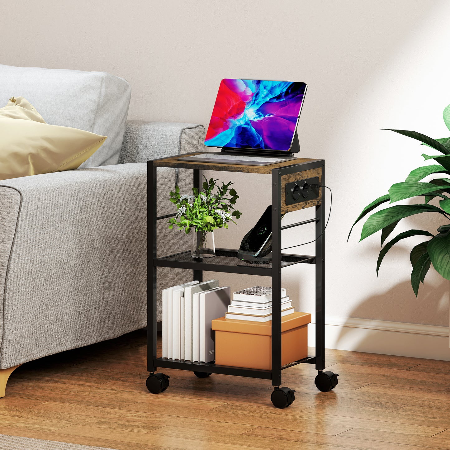 HOMCOM Druckerständer Druckeregal mit Rollen, Steckdosen, USB- وUSB-C-Anschlüsse مكررة 40 كجم Rustikalbraun
