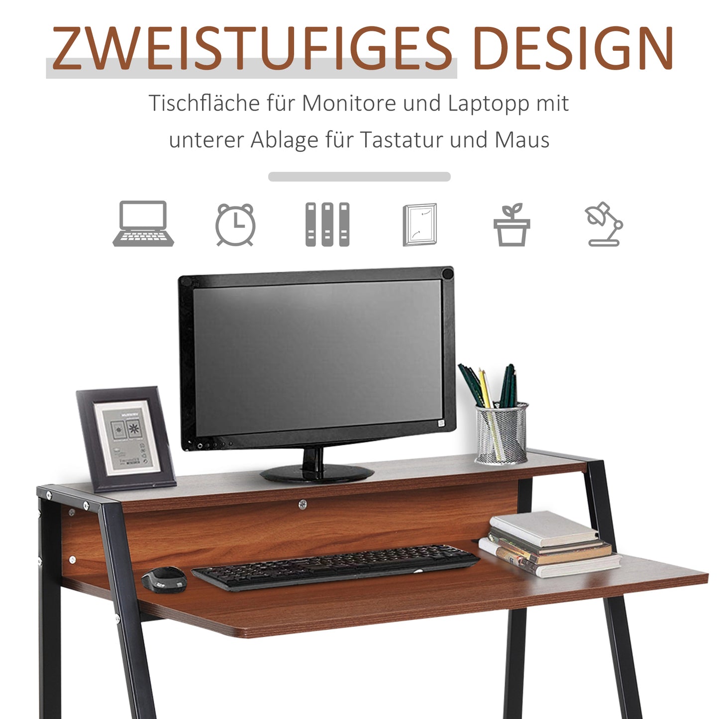HOMCOM Schreibtisch, Computertisch mit Ablage und Kabel Management, moderner Schreibtisch mit Metallgestell für Arbeitszimmer, Schlafzimmer, Home Office, 84 x 45 x 85 cm, Walnuss+Schwarz