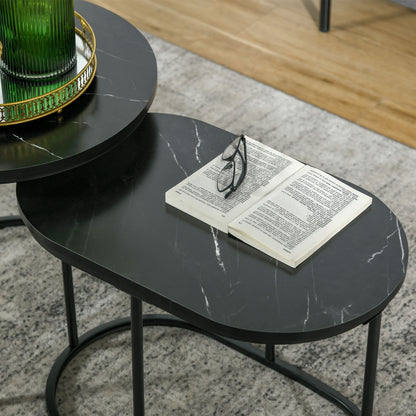 HOMCOM 2er-Set Couchtisch، Ovaler und runder Kaffeetisch، Stapelbar، Marmoroptik، MDF، Metall، Ø50 x 50,5H cm، Schwarz