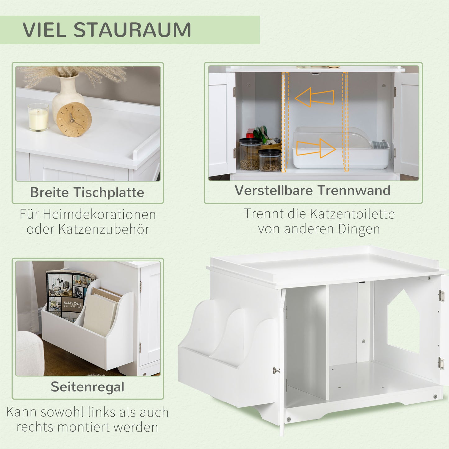 PawHut Katzentoilette, Katzenhaus, mit Trennwand, magnetischer Doppeltür, seitlicher Ablage, weiß, 86 x 48 x 52cm