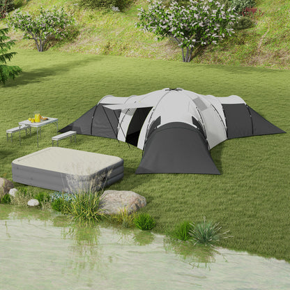 Outsunny Campingzelt für 6-9 Personen, 4 Räume, Vorzelt, wasserdicht, 615x 615x225cm, Grau