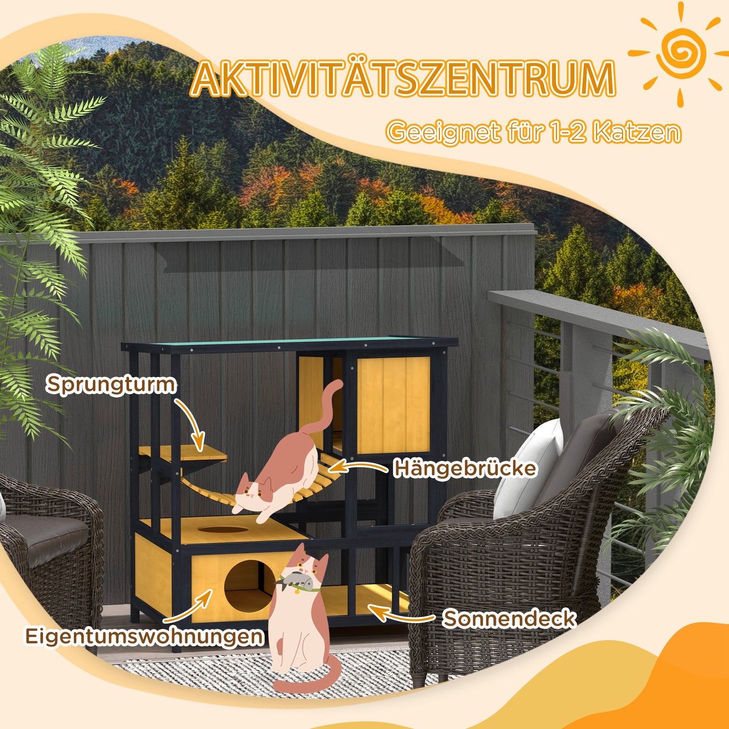 PawHut Katzenhaus Katzenhütte Katzenhöhle, wetterbeständig, 1 Rampe, 1 Plattform, 84,5 x 60 x 88 cm, Grün + Natur