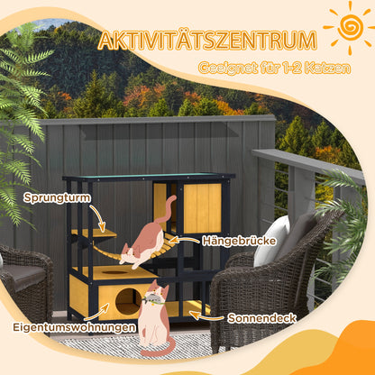 PawHut Katzenhaus Katzenhütte Katzenhöhle, wetterbeständig, 1 Rampe, 1 Plattform, 84,5 x 60 x 88 cm, Grün + Natur