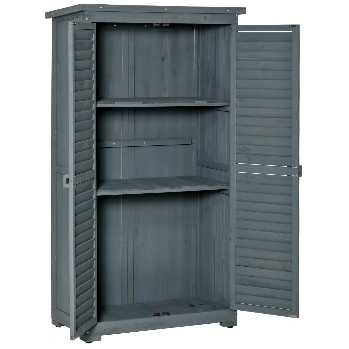 Outsunny Gartenschrank Holz Gerätehaus Geräteschuppen Geräteschrank Holzhütte Pultdach Bitumenpappe Lamellentüren Grau 87 x 46,5 x 160 cm