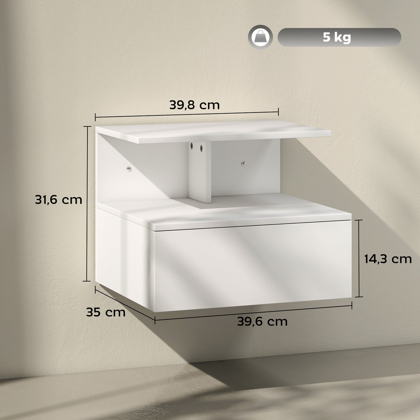 HOMCOM Nachttisch hängend Beistelltisch mit Schublade, offenes Fach Weiß, 39,8 x 35 x 31,6 cm