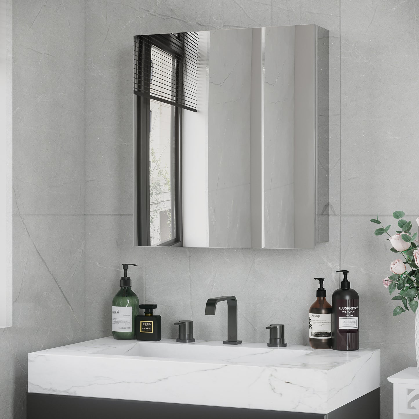 kleankin Spiegelschrank, Badschrank, 2 Spiegeltüren, 3 Innenböden, Edelstahl, Farbe: Silber, 54 x 13 x 60 cm