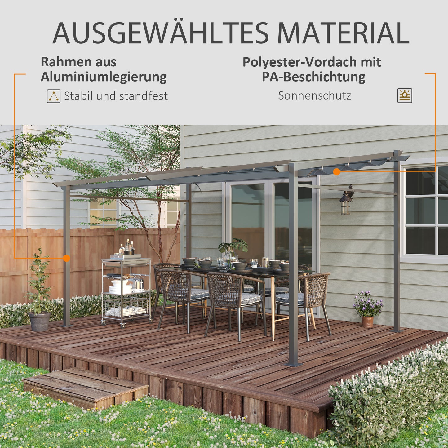 Outsunny Pergola, inklusive Befestigungsmaterial, ausziehbares Dach, 3,97 m x 2,95 m x 2,3 m, Dunkelgrau