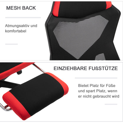 Vinsetto Ergonomischer Bürostuhl, Gaming Stuhl, Drehstuhl mit Fußstütze, PC Stuhl, Chefsessel, höhenverstellbar, Polyester, Schwarz+Rot,58 x 63 x 112-122 cm