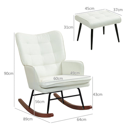 HOMCOM Schaukelstuhl mit Hocker, sanftes Schaukelsystem, Leinenimitat, 64 x 89 x 90 cm, Cremeweiß