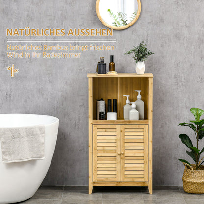 HOMCOM Badezimmerschrank Badschrank Standregal mit 2 Lamellentüren, offenem Regal, Bambus, Aufbewahrungsschrank Schrank für Badezimmer, Wohnzimmer 50 x 25,5 x 92cm Natur