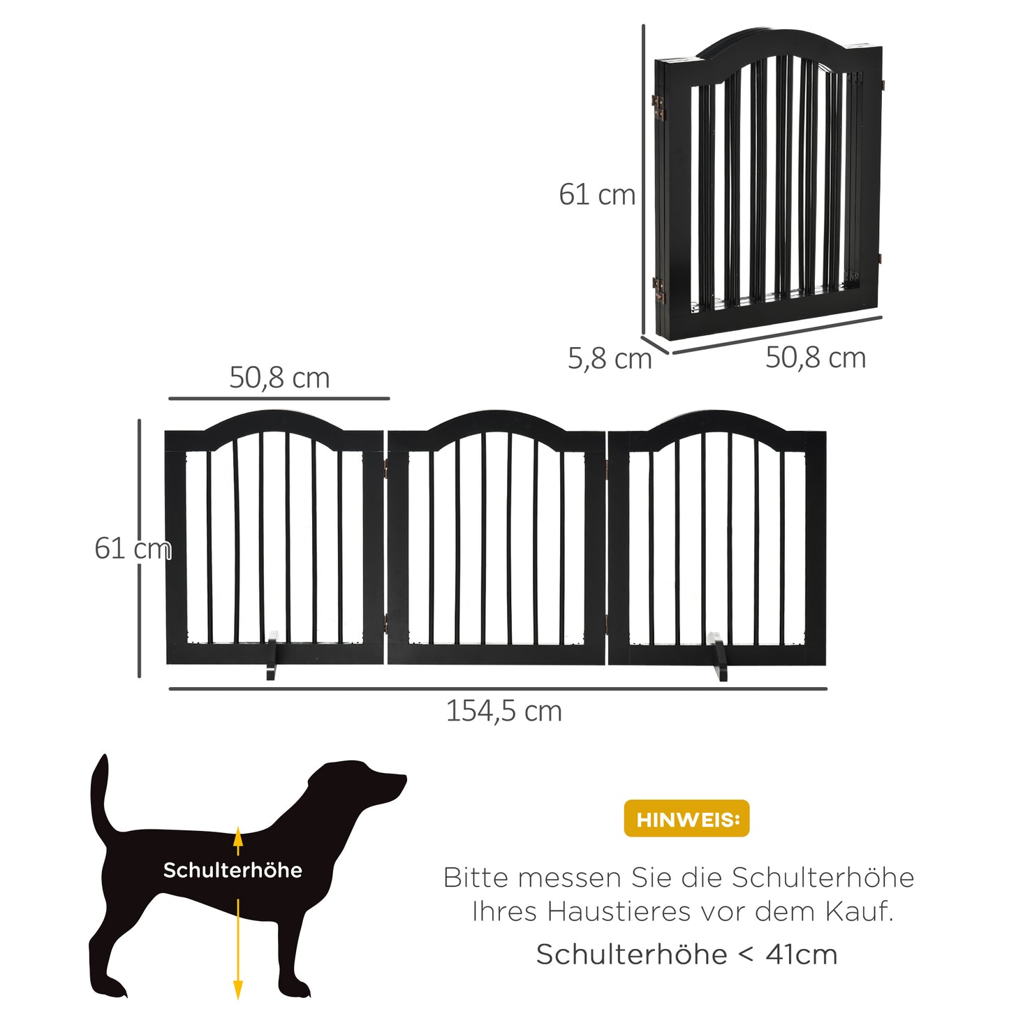 PawHut Absperrgitter Hund 3-teilig, 154,5 x 61 cm Faltbar Hundegitter mit Tür, Türschutzgitter mit 2 Stützfüßen, Freistehend Treppengitter für Küche, Flur, Schwarz