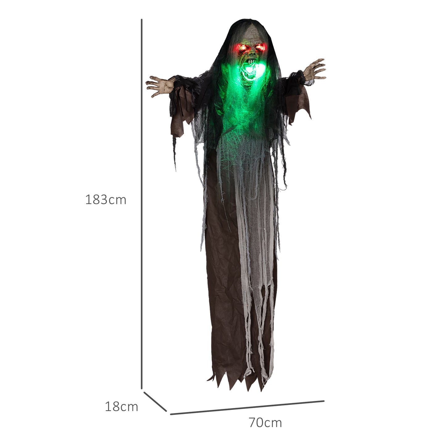 HOMCOM Grünes Monster, Helloweendeko, gruselige Soundeffekte, rote Augen, beweglich, 183 cm