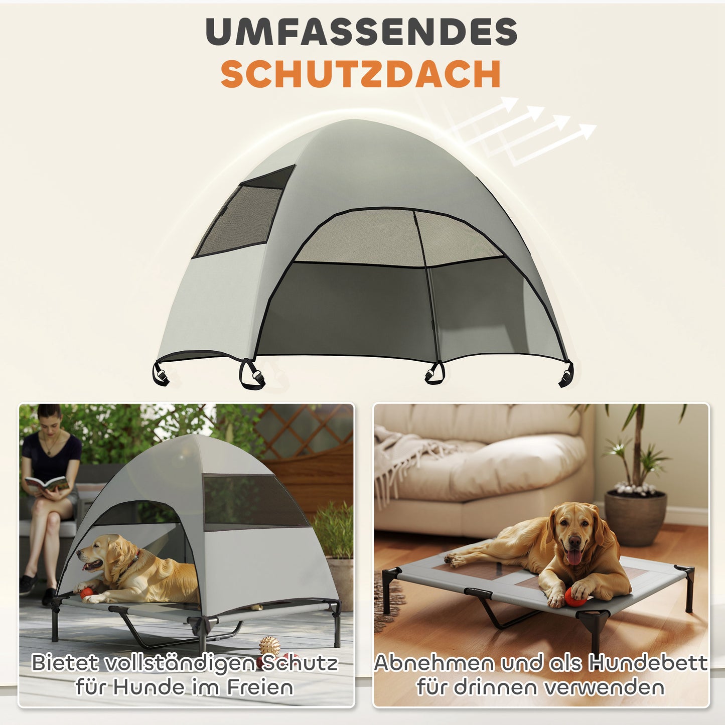 PawHut Hundeliege Outdoor mit Dach, Erhöhtes Hundebett für Große Hunde, 91 x 76 x 90 cm, Hellgrau