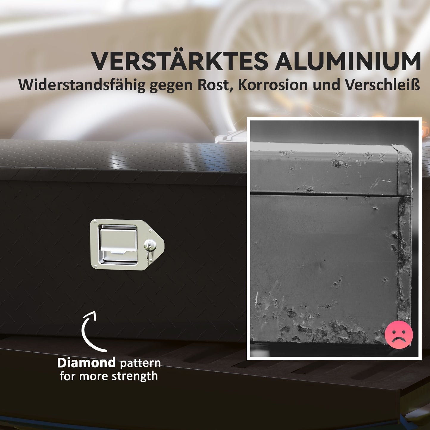 HOMCOM Stabile Aufbewahrungskiste aus Aluminium mit Seitengriffen, Schloss und Schlüsseln, Werkzeugkasten, 99 x 33 x 25,4 cm