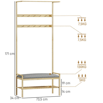 HOMCOM Garderobe mit Schuhbank, Kleiderstange, 10 Kleiderhaken, شوهابلاج, بامبوس