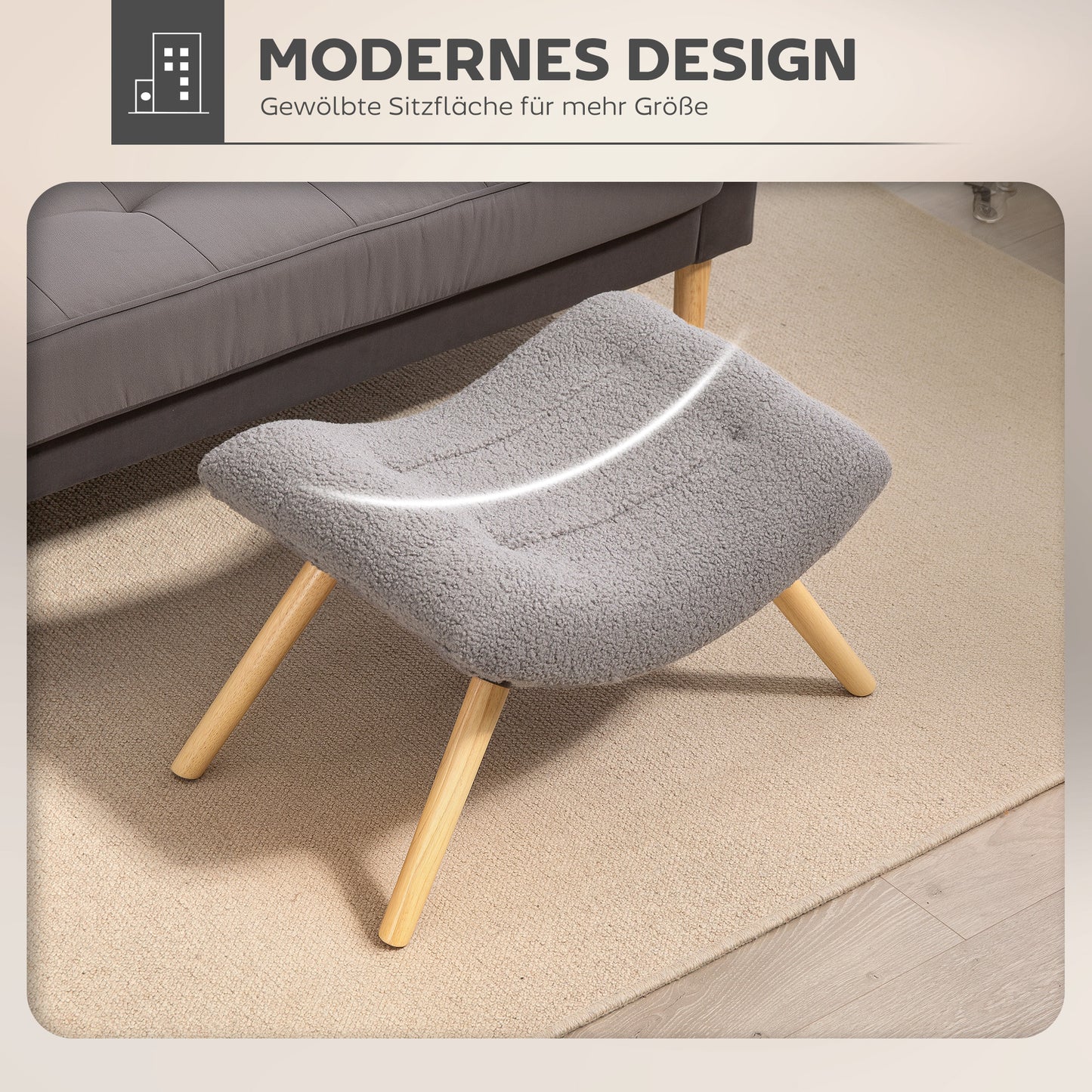 HOMCOM Moderner Fußhocker mit Fleece-Bezug und Holzbeinen, gepolstert, für Wohnzimmer, Schlafzimmer, Flur, Hellgrau