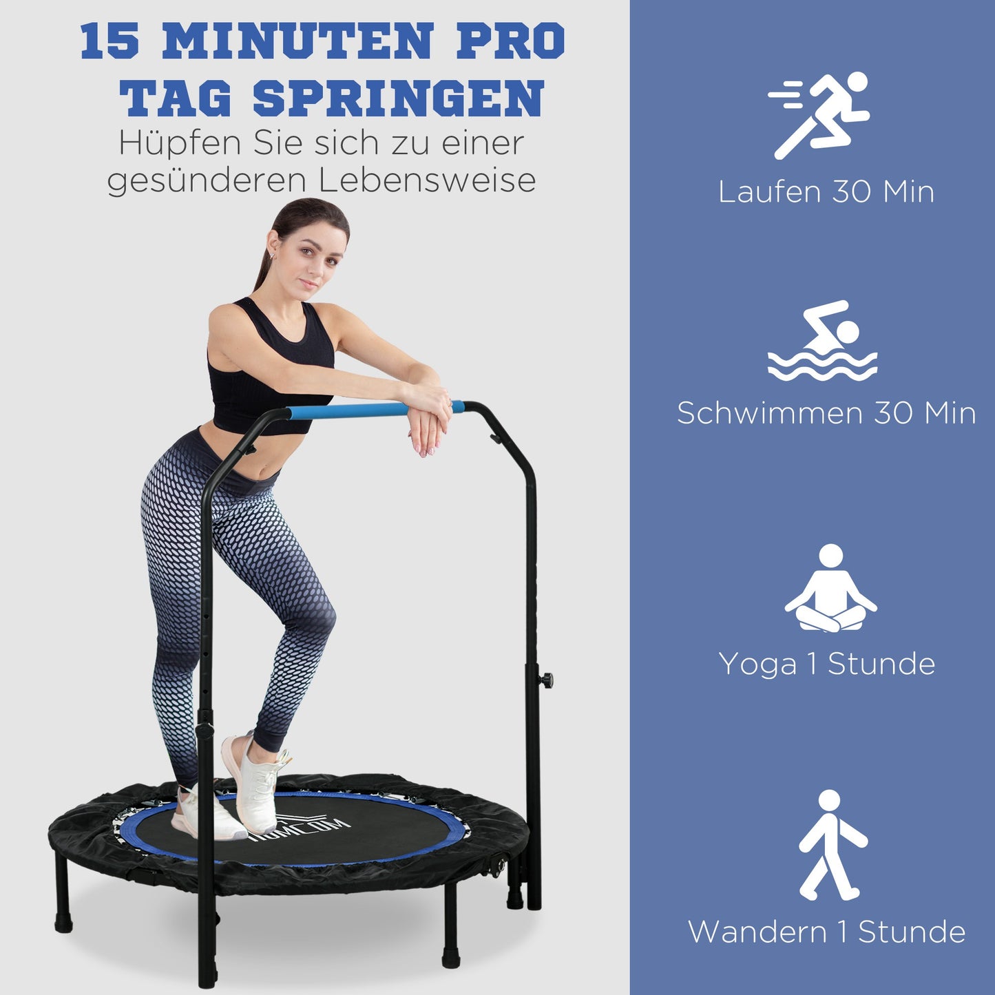 HOMCOM Fitnesstrampolin, klappbar, verstellbarer Haltegriff, Ø102x123H cm, bis 100 kg, Schwarz/Blau