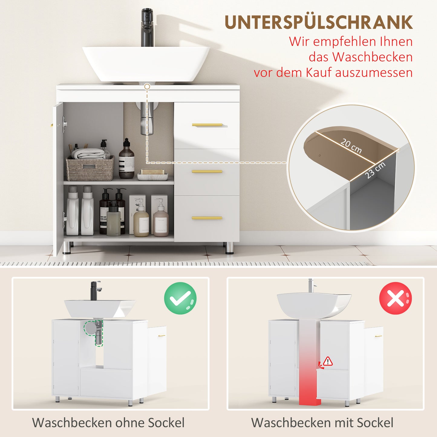 HOMCOM Badezimmer-Unterschrank، تصميم 3-stufiges، MDF، Spanplatte، Weiß