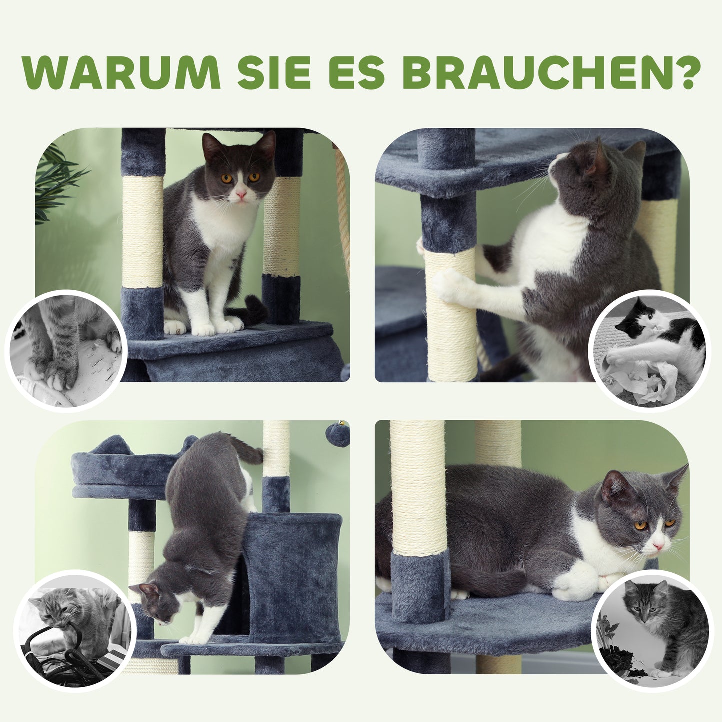 PawHut Kratzbaum 206 cm Katzenturm mit Höhle, 2 Spielballen, Sisalstämme, Plattform für große Katzen, Dunkelgrau