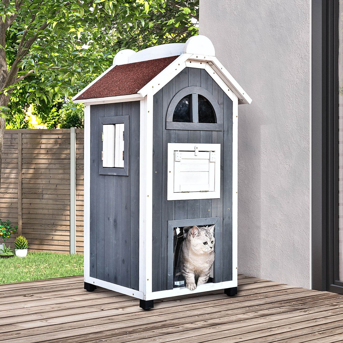 PawHut Katzenhaus für Katzenbett oder Katzentoilette, Katzenschrank, Katzenklo Indoor, Tannenholz, Asphaltdach, Grau, 59 x 55 x 109 cm