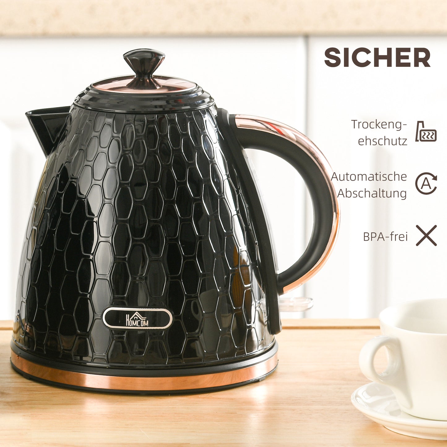 HOMCOM Wasserkocher, 2200W, Sichtfenster, Filter, Schnellkocher, Schwarz