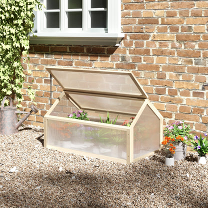 Outsunny Mini-Gewächshaus, Kompaktes Pflanzenhaus aus Holz, Polycarbonat-Platten, Belüftungsöffnung, 90L x 52B x 49,5H cm, Natur