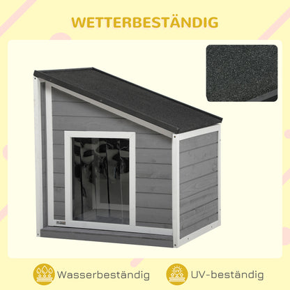 PawHut Hundehütte aus Massivholz, wetterbeständig, Asphaltdach, 71 cm x 58 cm x 77 cm, Grau + Weiß