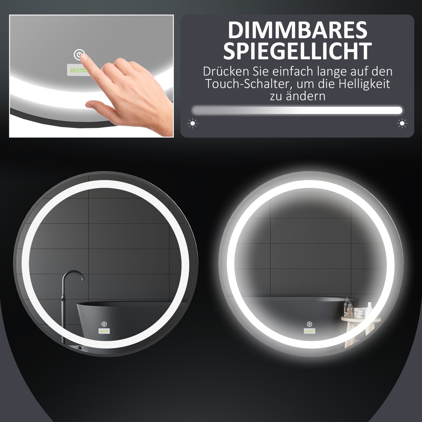 kleankin Badezimmerspiegel, LED-Beleuchtung, dimmbar, 3 Lichtfarben, Metallrahmen, Ø60 cm, Schwarz