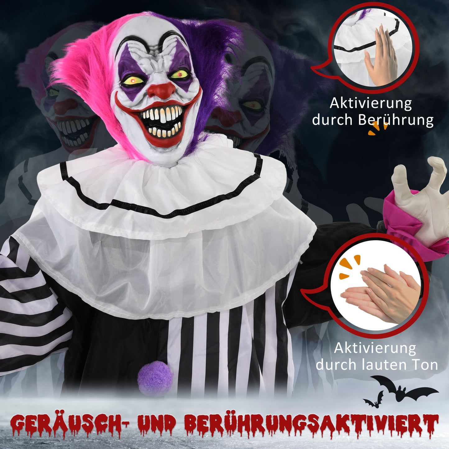 HOMCOM Grusel-Clown Halloween-Dekoration، beweglich، Lach-Funktion، وردي + ليلى
