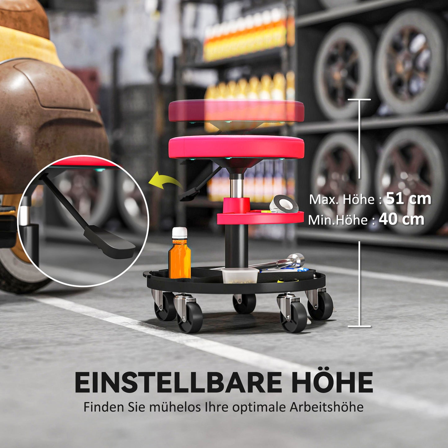 HOMCOM Werkstatthocker mit Rollen Tabletts höhenverstellbar 40-51cm Rollhocker bis 135 kg belastbar Rot