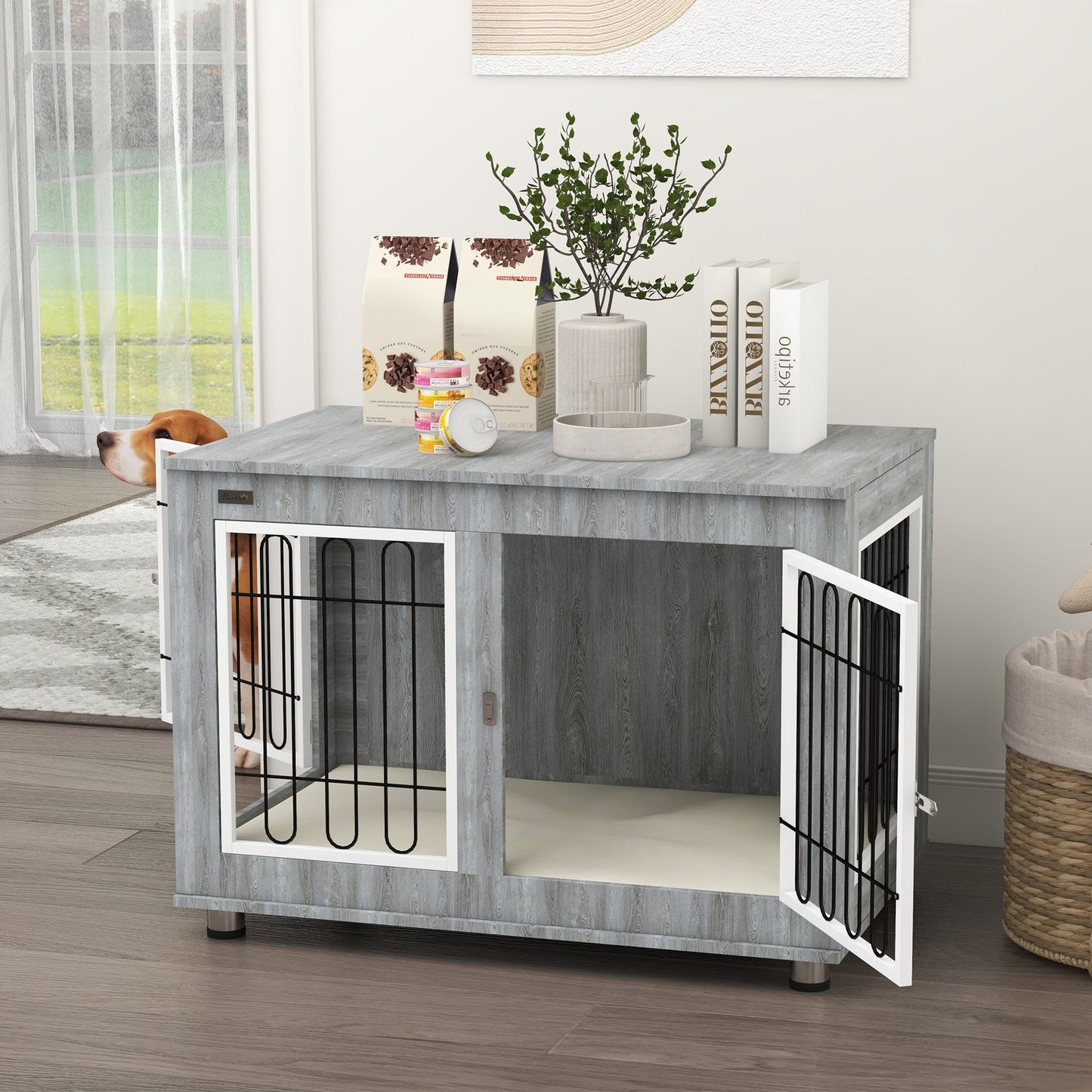 PawHut Hundekäfig Hundebox waschbares Polster, 2 Verriegelungen, 90 cm x 58 cm x 65 cm, Grau