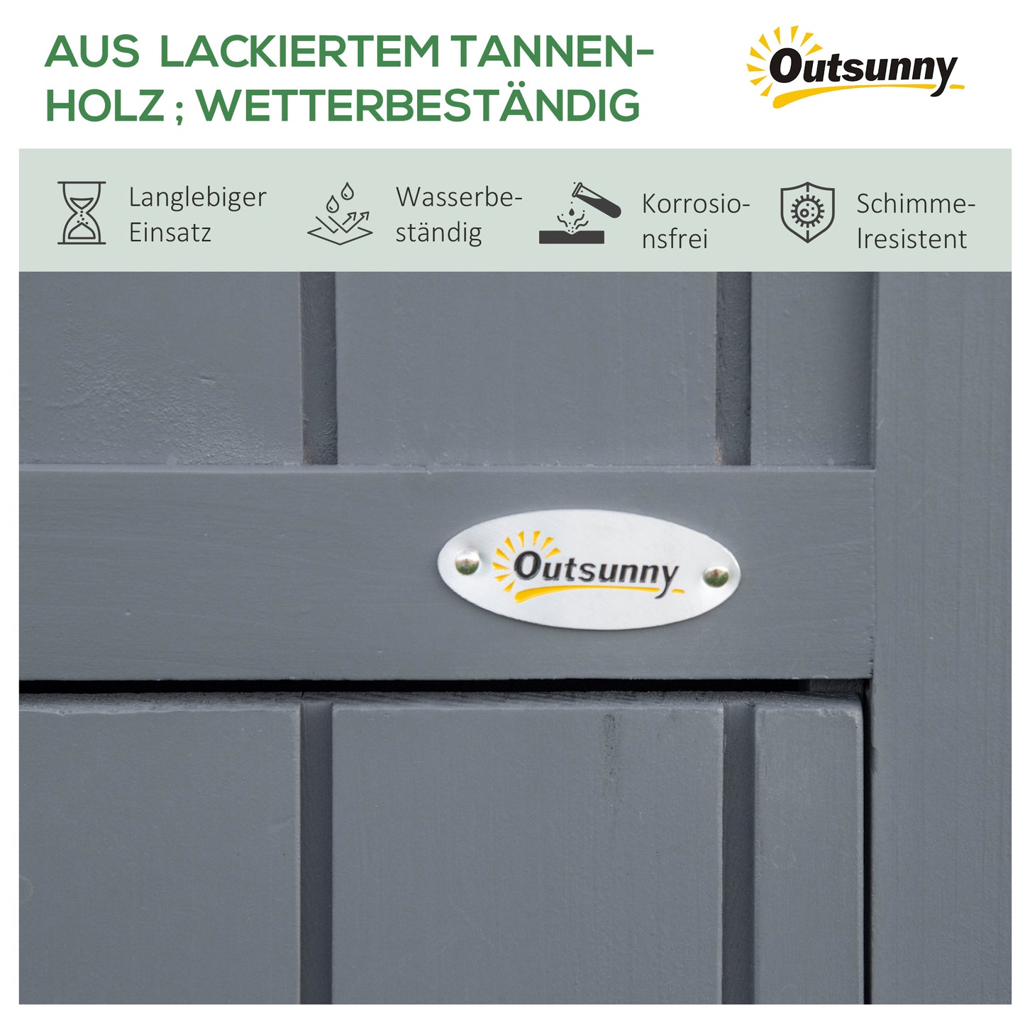 Outsunny Gartenschrank, offenes Brennholzfach, verriegelbare Tür, wetterfest, Naturholz, 129 x 51,5 x 180cm, grau+schwarz