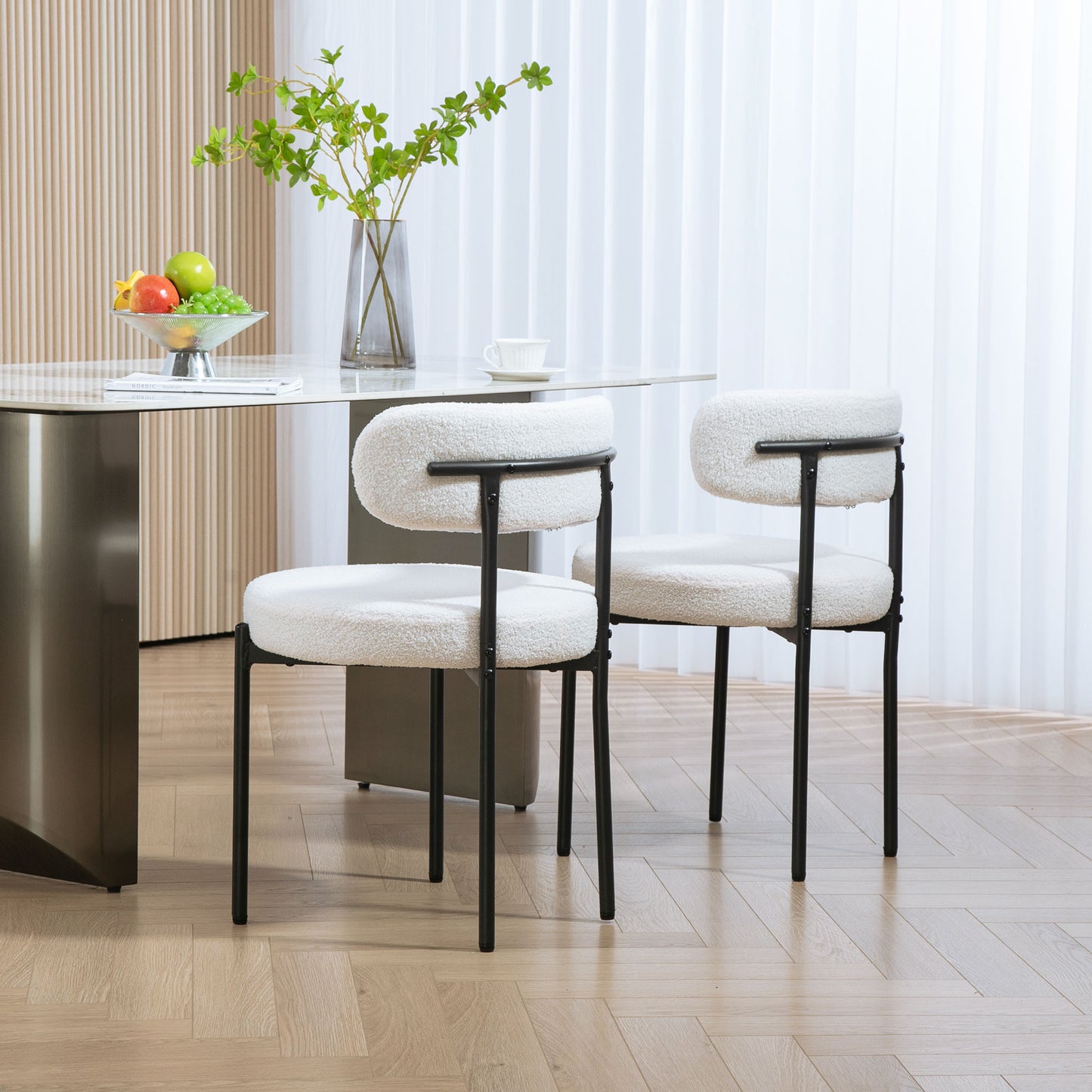 HOMCOM 2er-Set Esszimmerstühle, Fleece-Polsterung, Stühle mit Polstersitz, Metallbeine, Cremeweiß