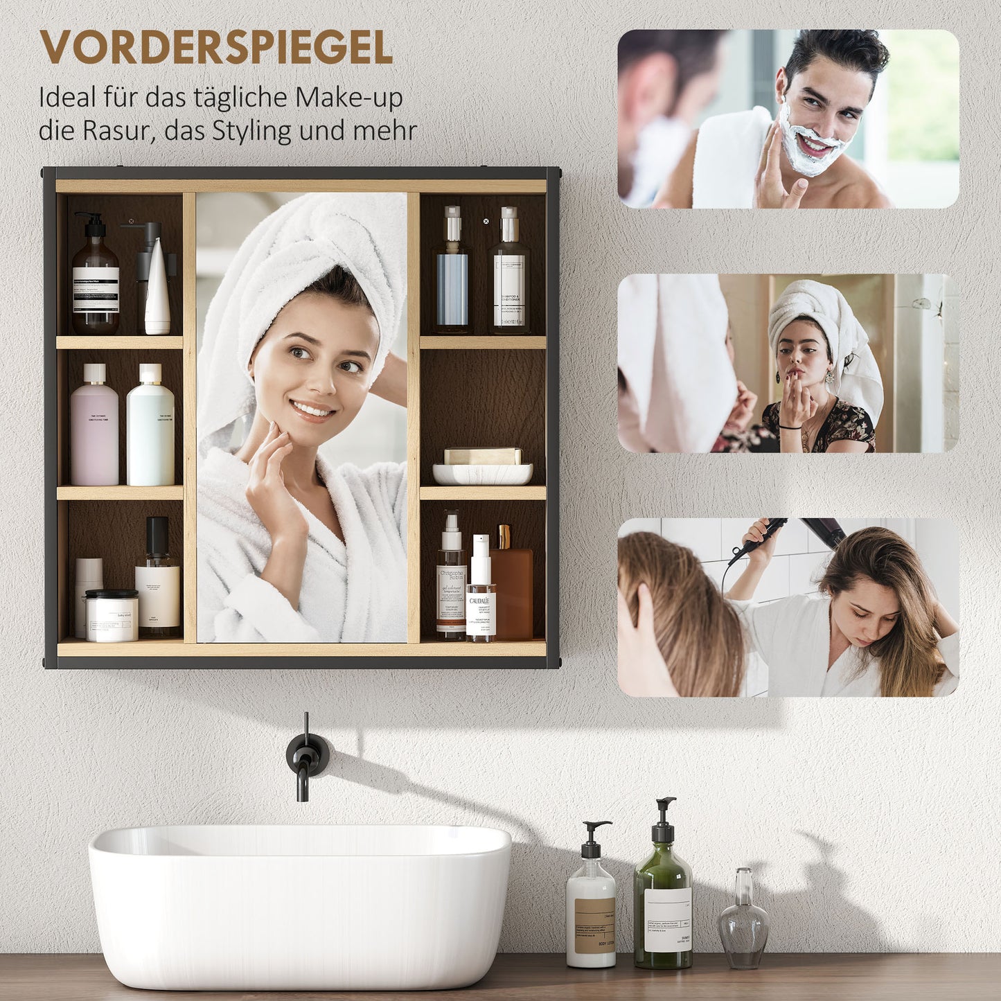HOMCOM Badezimmer-Spiegelschrank, 6 offene Fächer, 3-stufiges Regal, Wandmontage, Eiche