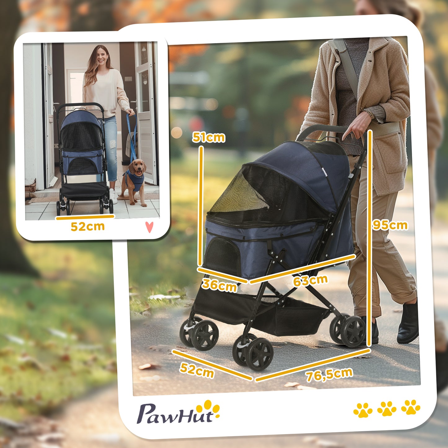 PawHut Hundewagen Hundebuggy bis 10kg verstellbares Vordach klappbar Bodenkorb 2 Bremsen Sicherheitsleine Blau