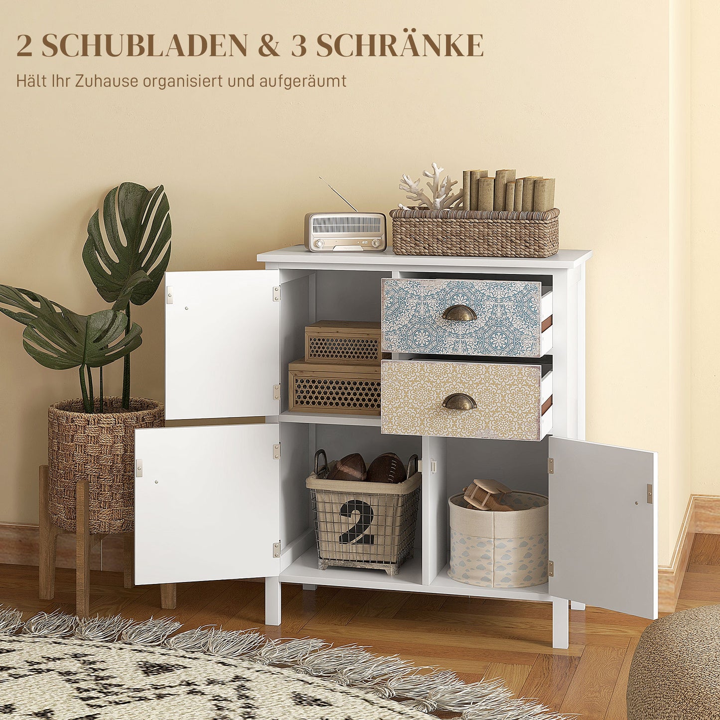 HOMCOM Sideboard, Shabby Chic Kommode, 2 Schubladen, 3 Schrankfächer, Kiefernholz, 68x34x80cm, Weiß