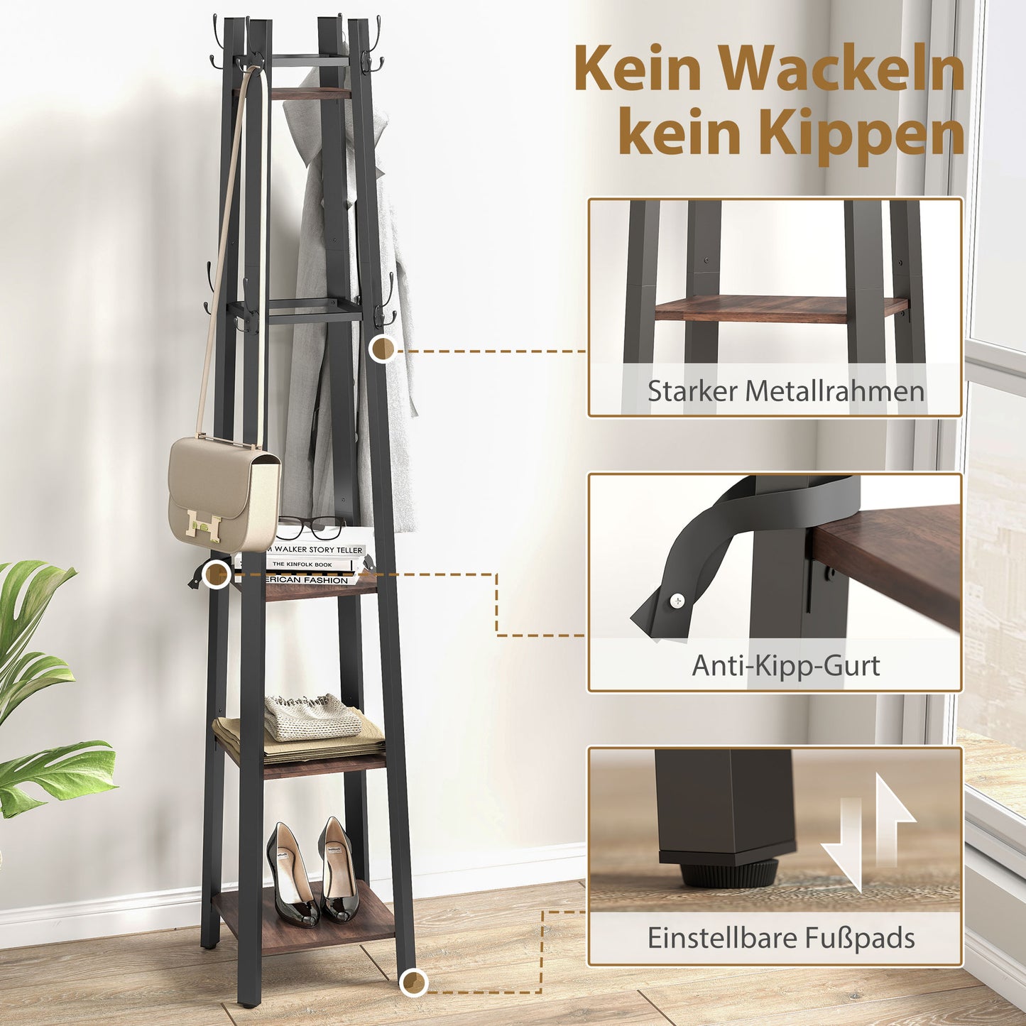 HOMCOM Garderobenständer mit 4 Ebenen, freistehender Kleiderständer, 8 Haken, 4 Regale, Industrie-Stil, Metall, Spanplatte, Braun
