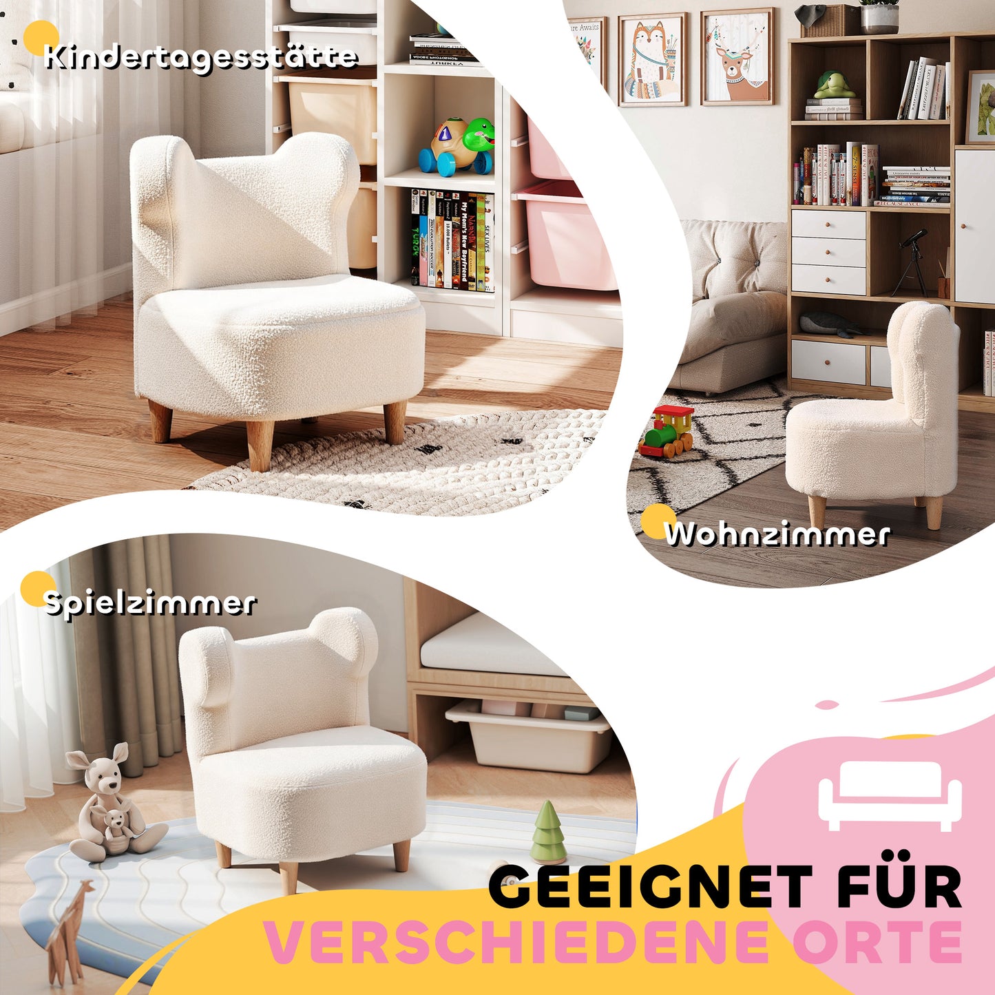 AIYAPLAY Kindersessel، Plüschsessel mit Bärenohren، Fleece-Bezug، Schaumstoff، بيج