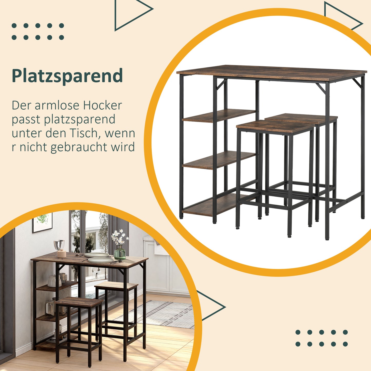 HOMCOM Bartisch-Set Stehtisch mit 2 Barhockern Essgruppe 3-teiliges Tischset Küchentresen mit Regale Spanplatte Stahl Rustikales Braun+Schwarz 109 x 60 x 100 cm