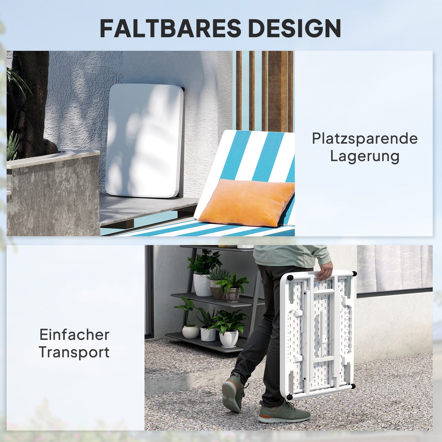 Outsunny Gartentisch, Tragbarer Tisch für den Außenbereich aus Kunststoff und Metall, Bistrotisch, für Terrasse, Garten, Weiß