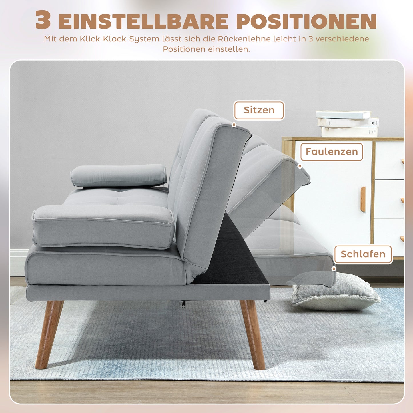 HOMCOM Schlafsofa، 3-Sitzer-Sofa، Bettsofa mit Klappbarem Tisch، Stoffsofa mit Leinenoptik، Schlafcouch mit Becherhalter، im Skandi-Design، bis 250kg Belastbar، Hellgrau
