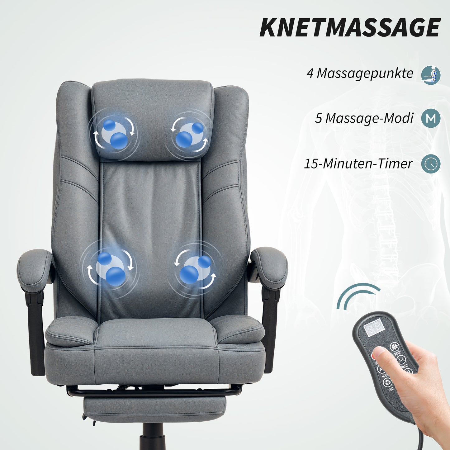 HOMCOM Bürostuhl mit Massagefunktion, höhenverstellbarer Schreibtischstuhl mit neigbarer Rückenlehne, gepolstert, rollbar, Grau