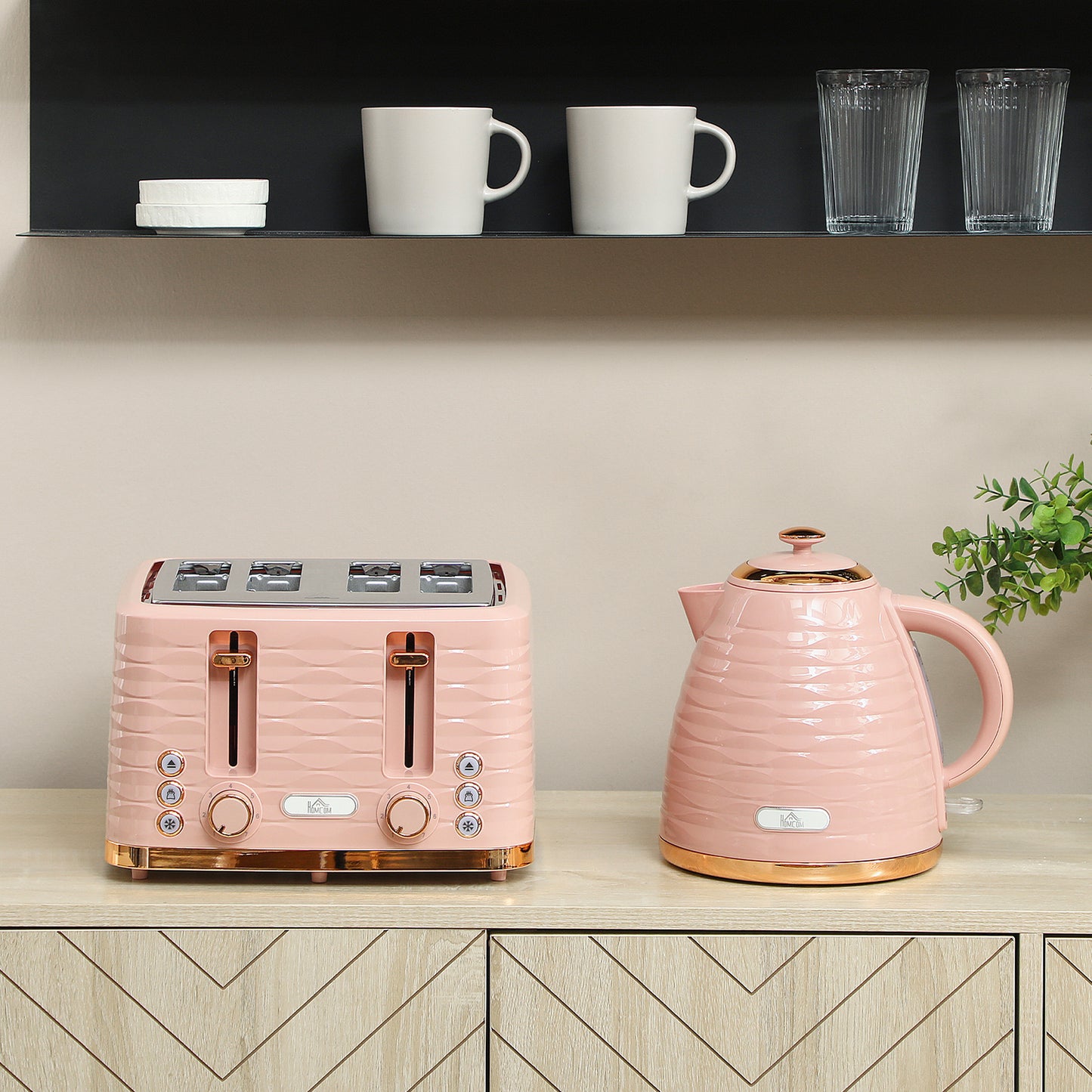 HOMCOM 2-in-1 Toaster- und Wasserkocher-Set, 7 Bräunungsstufen, Auftau- und Aufwärmfunktion, Rosa