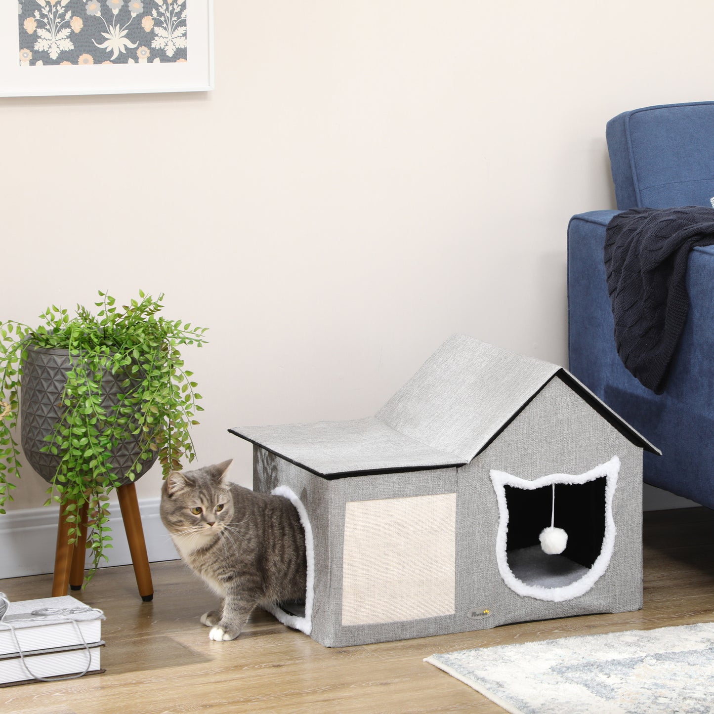PawHut Katzenhaus mit Kratzfläche, inkl. Spielball, Katzenhöhle, 65 cm x 41 cm x 45.5H cm, Braun + Weiß + Beige
