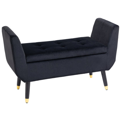 HOMCOM Sitzbank mit Stauraum Armlehnen Polsterbank mit Samtoptik, Sitztruhe mit Holzbeine, Truhenbank für Wohnzimmer Schlafzimmer Flur 107 x 42 x 65 cm, Schwarz