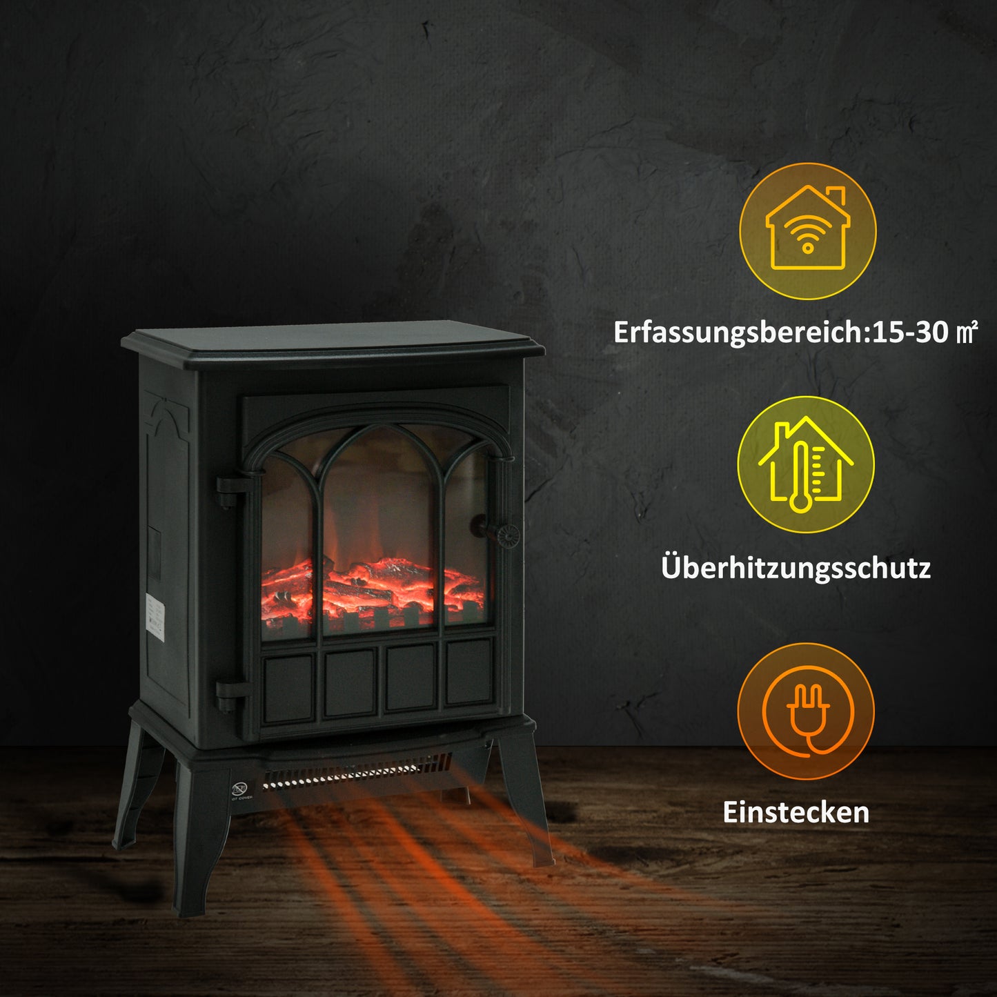 HOMCOM Elektrokamin, LED-Flammen, 1000/2000 W, regelbare Temperatur & Helligkeit, Metall, 39 x 23 x 56,5 cm