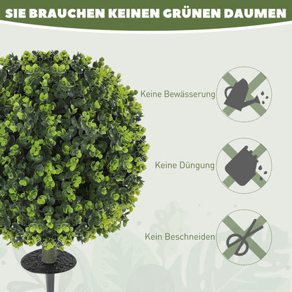 HOMCOM 2er-Set Kunstpflanzen, Künstliche Buchsbaumkugeln mit Bodenpfahl, für drinnen und draußen, UV-beständig, Grün