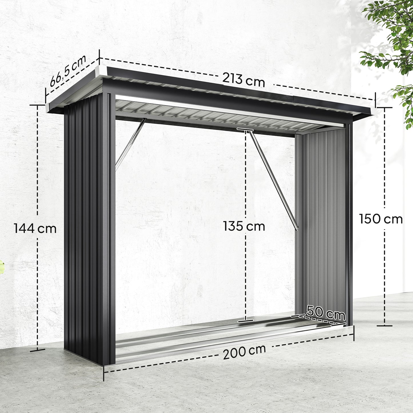 Outsunny Brennholzschuppen, Feuerholzunterstand, Stahl, erhöhter Boden, Schrägdach, 213 x 66,5 x 150 cm, Dunkelgrau