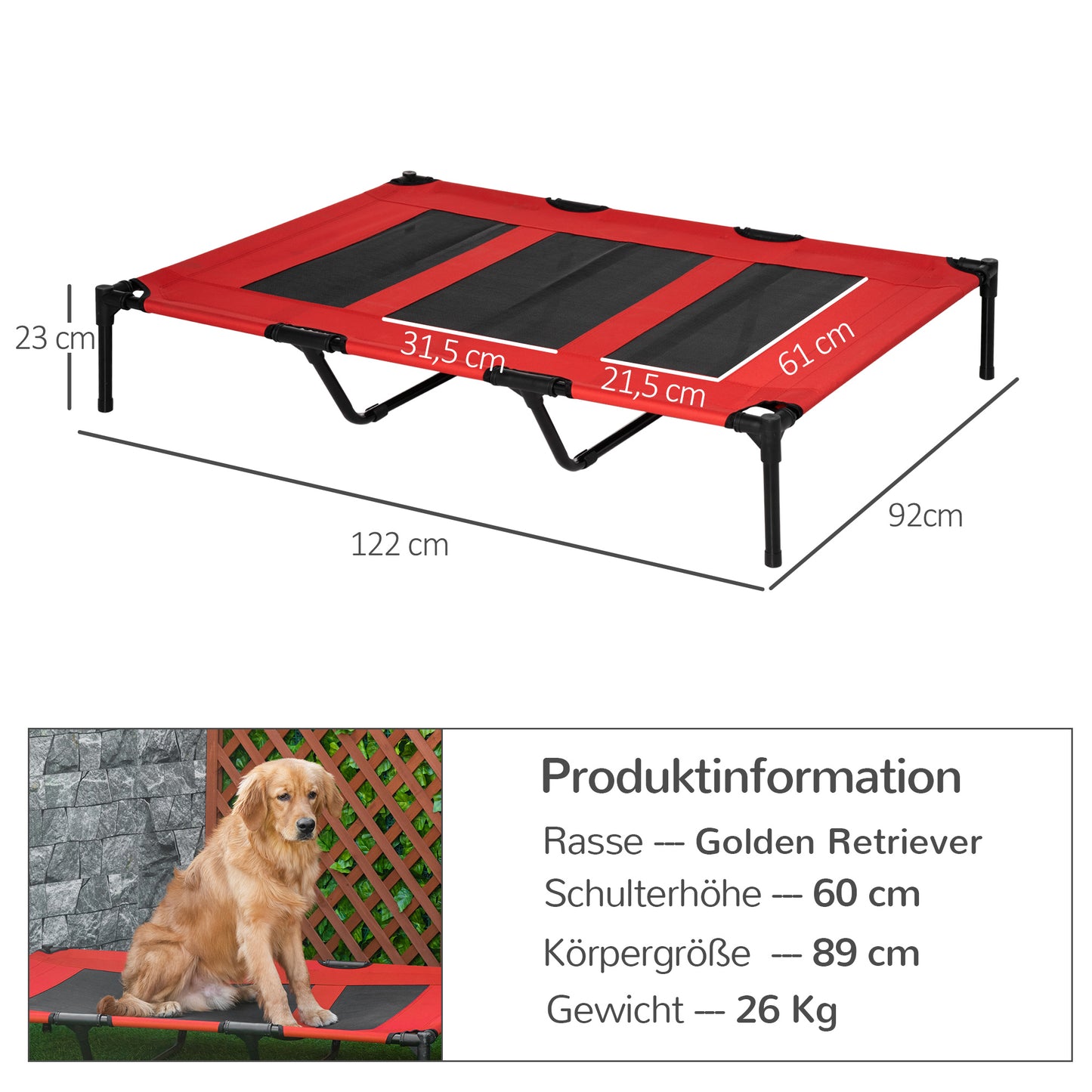 PawHut Hundebett, faltbar, Outdoor-Hundebett, erhöhter Stand, 122 cm x 92 cm x 23 cm, Rot + Schwarz