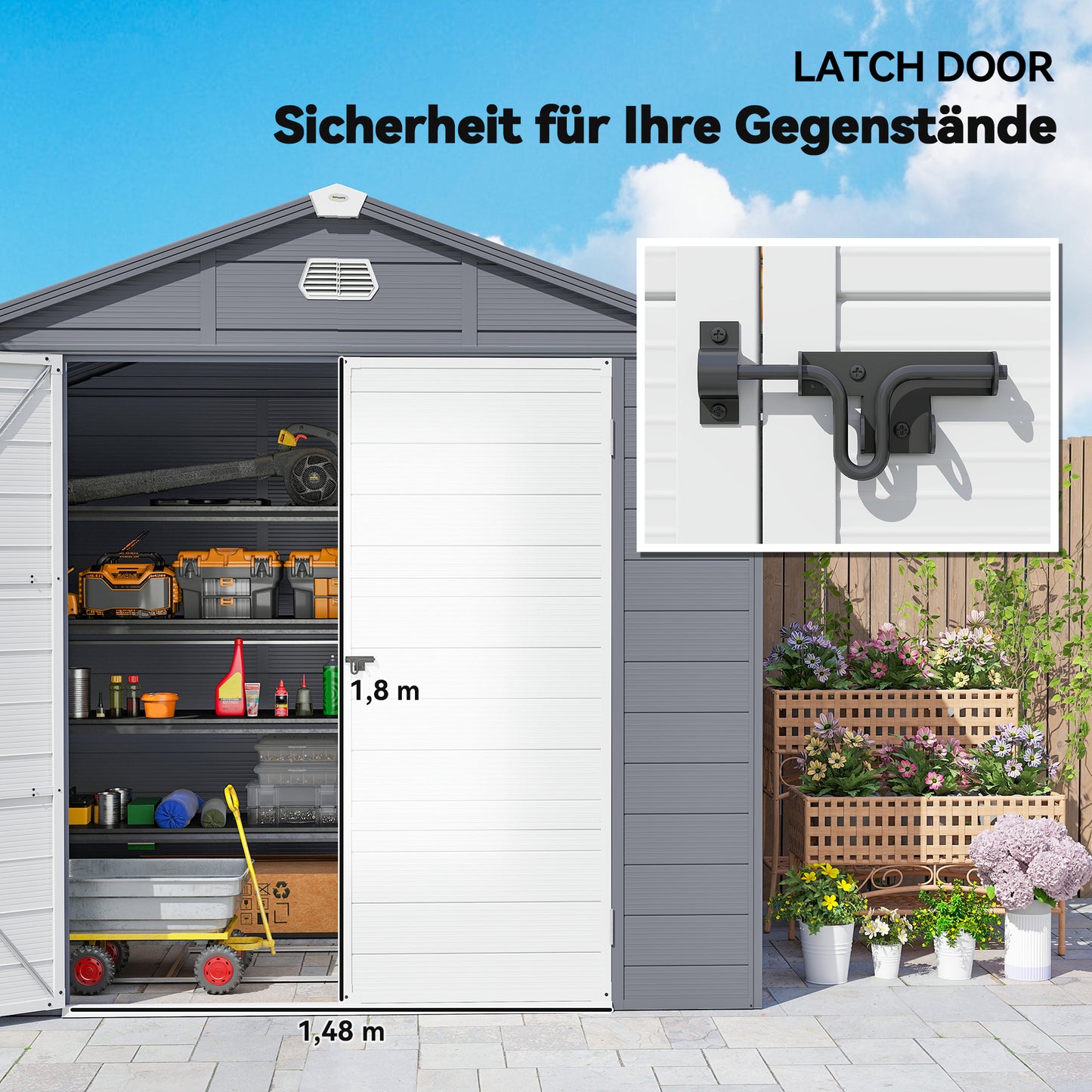 Outsunny Gerätehaus, Gartenhaus, Geräteschuppen mit Lüftungsfenster, Kunststoff, Metall, 240 x 190 x 180/228, Grau